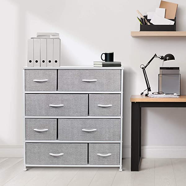 Sorbus Dresser with 8 Drawers - Furniture Storage Chest Tower Unit for Bedroom, Hallway, Closet, Office Organization - Steel Frame, Wood Top, Easy Pull Fabric Bins (White)