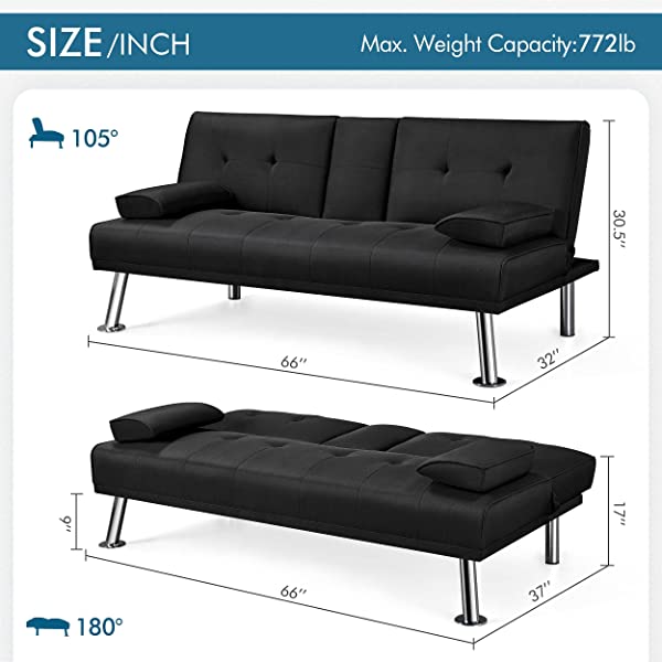 YAHEETECH Linen Fabric Modern Sofa Bed Sectional Couch Bed Folding Recliner Sleeper Reversible Loveseat Convertible Daybed, 2 Cup Holders, 3 Angles, 772lb Capacity, Removable Armrests, Dark Gray