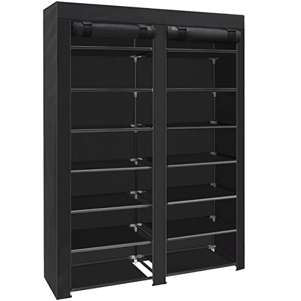 ERONE Shoe Rack Storage Organizer , 28 Pairs Portable Double Row with Nonwoven Fabric Cover Shoe Rack Cabinet for Closet (Black)