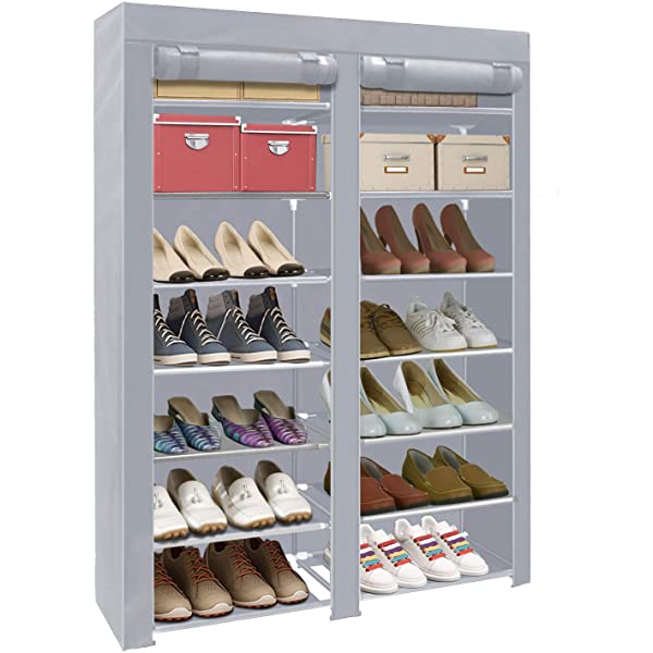 ERONE Shoe Rack Storage Organizer , 28 Pairs Portable Double Row with Nonwoven Fabric Cover Shoe Rack Cabinet for Closet (Black)