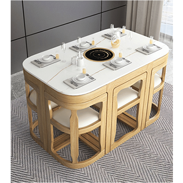 Esstisch und Stühle aus Marmor, Schiefer, Haushalt, kleine Wohnung, moderner, minimalistischer runder Tisch, schrumpfender Esstisch, Kombination aus Tisch und Stuhl aus Massivholz