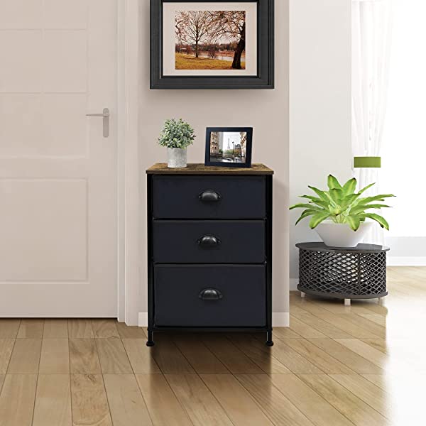 Sorbus Nightstand with 3 Drawers - Bedside Furniture & Accent End Table Chest for Home, Bedroom Accessories, Office, College Dorm, Steel Frame, Wood Top, Easy Pull Fabric Bins (Gray) Grey