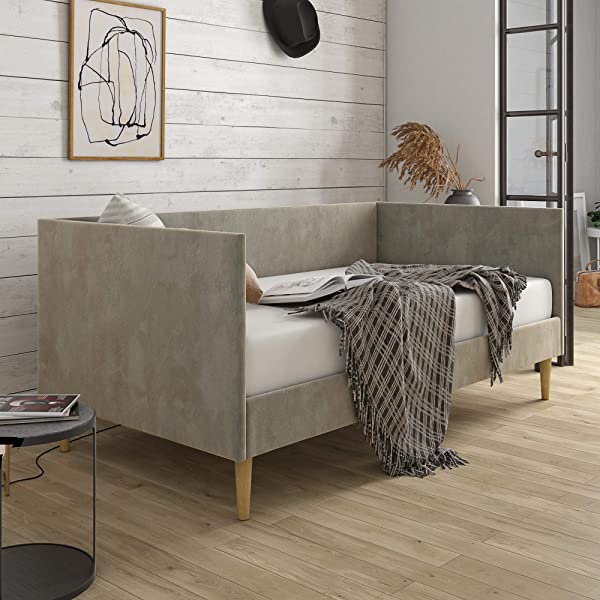 DHP Franklin Mid Century Upholstered Daybed, Sofa Bed, Twin Size Frame, Tan Linen Linen Twin Tan