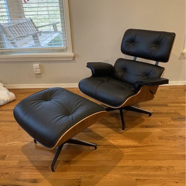 Genuine leather dining table with ottoman, classic mid-century lounge chair