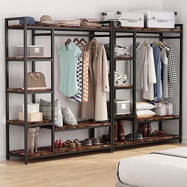 LITTLE TREE Free-Standing Closet Organizer, Heavy Duty Clothes Closet, Portable Garment Rack with 6 Shelves and Hanging Rod, Black Metal Frame&Rustic Board Finish Vingte &Black