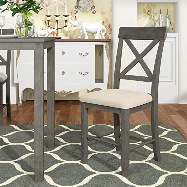 Wood 5 Pcs Counter Height Dining Table Set with 4 Upholstered Chairs,Kitchen Dining Table Set for Dining Room, Kitchen, Dinette, Compact Small Space,4 Chairs and Table Furniture Set