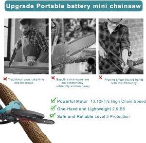 Chain saw 6 inches, with 2 batteries, cordless power chain saw, with safety lock, handheld small chainsaw