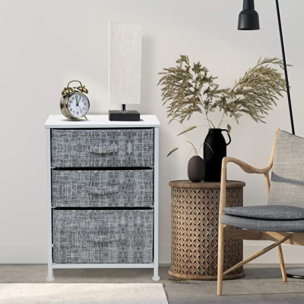 Sorbus Nightstand with 3 Drawers - Bedside Furniture & Accent End Table Chest for Home, Bedroom Accessories, Office, College Dorm, Steel Frame, Wood Top, Easy Pull Fabric Bins (Gray) Grey