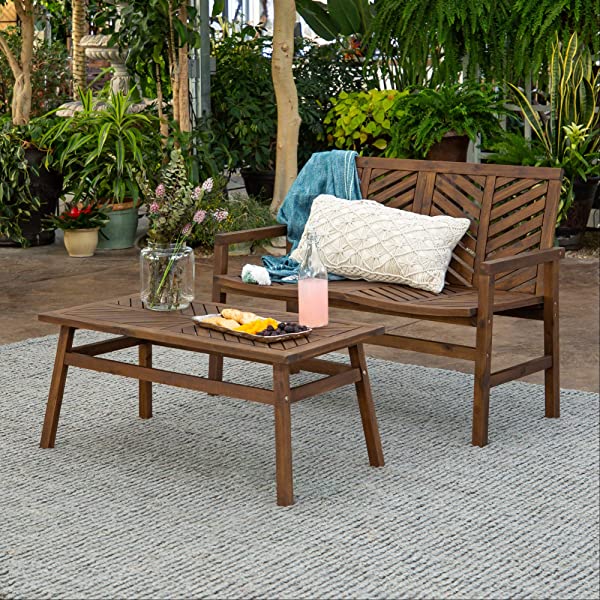 Walker Edison 5 Person Outdoor Wood Chevron Patio Furniture Dining Set Table Chairs Bench All Weather Backyard Conversation Garden Poolside Balcony, 4 Piece, Brown Brown 4 Piece Dining Set