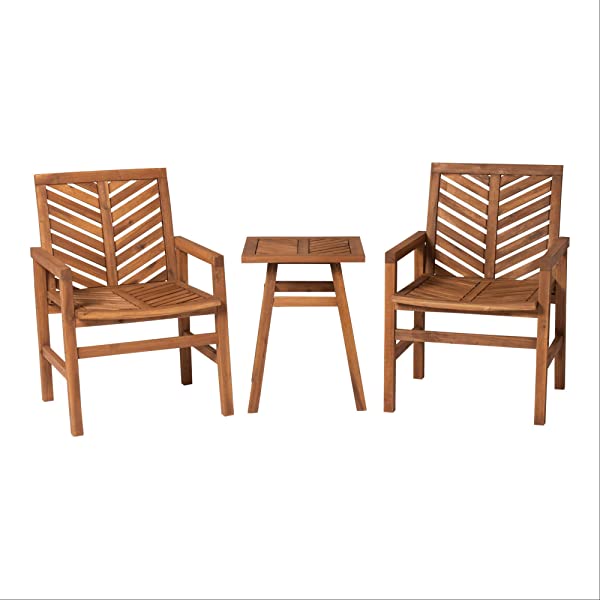 Walker Edison 5 Person Outdoor Wood Chevron Patio Furniture Dining Set Table Chairs Bench All Weather Backyard Conversation Garden Poolside Balcony, 4 Piece, Brown Brown 4 Piece Dining Set