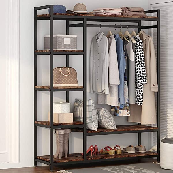 LITTLE TREE Free-Standing Closet Organizer, Heavy Duty Clothes Closet, Portable Garment Rack with 6 Shelves and Hanging Rod, Black Metal Frame&Rustic Board Finish Vingte &Black
