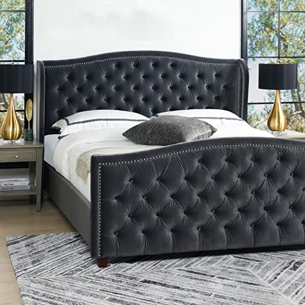 Jennifer Taylor Home Marcella Collection Queen Wingback Tufted Hand-Applied Nail Heads Upholstered Bed, Antique White Antique White Queen