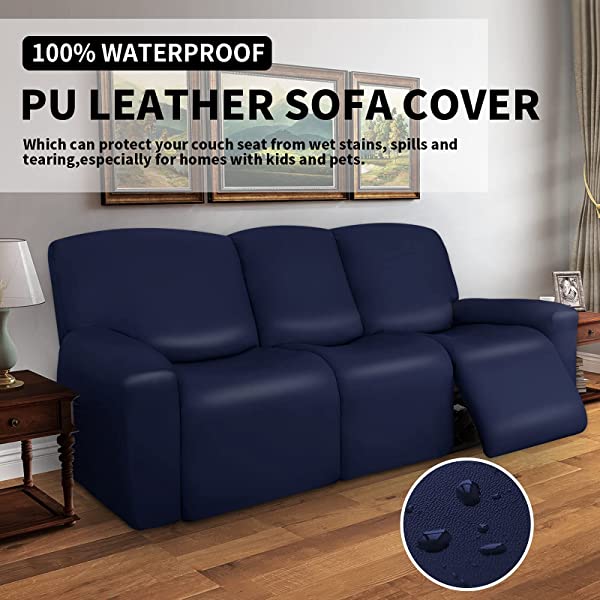 Easy-Going PU Leather Recliner Sofa Slipcovers, Waterproof Stretch Sofa Covers, 8 Pieces Stretch Furniture Protector, Elastic Strap Shield Pets Kids Children Cats Dogs Beige