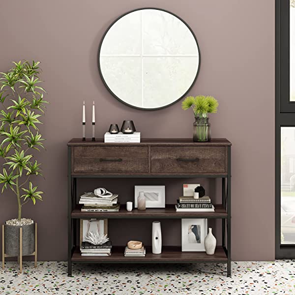 Console Table with Drawers, Rustic Hallway Table with Storage Shelves, Narrow Long Sofa Entryway Table for Living Room, Metal Frame, Dark Brown