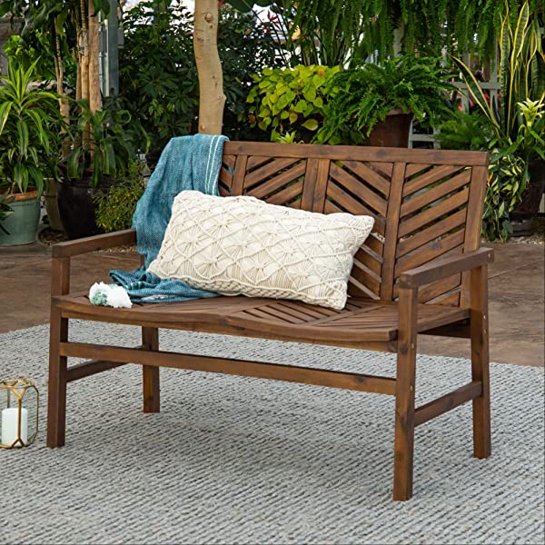 Walker Edison 5 Person Outdoor Wood Chevron Patio Furniture Dining Set Table Chairs Bench All Weather Backyard Conversation Garden Poolside Balcony, 4 Piece, Brown Brown 4 Piece Dining Set