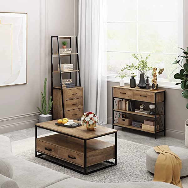 Console Table with Drawers, Rustic Hallway Table with Storage Shelves, Narrow Long Sofa Entryway Table for Living Room, Metal Frame, Dark Brown