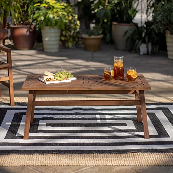 Walker Edison 5 Person Outdoor Wood Chevron Patio Furniture Dining Set Table Chairs Bench All Weather Backyard Conversation Garden Poolside Balcony, 4 Piece, Brown Brown 4 Piece Dining Set