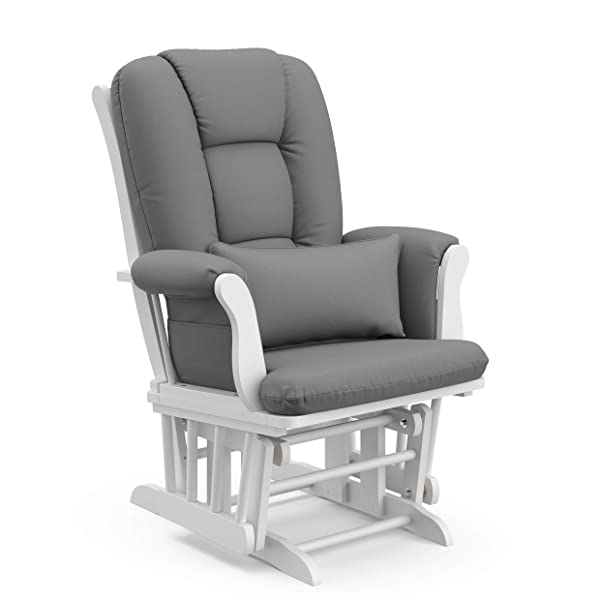 Storkcraft Tuscany Custom Glider and Ottoman with Free Lumbar Pillow, Black/Grey, Cleanable Upholstered Comfort Rocking Nursery Chair with Ottoman Black/Gray