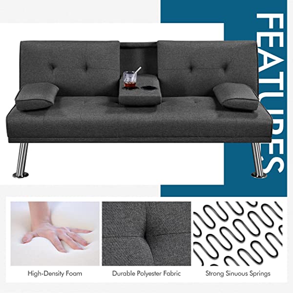 YAHEETECH Linen Fabric Modern Sofa Bed Sectional Couch Bed Folding Recliner Sleeper Reversible Loveseat Convertible Daybed, 2 Cup Holders, 3 Angles, 772lb Capacity, Removable Armrests, Dark Gray