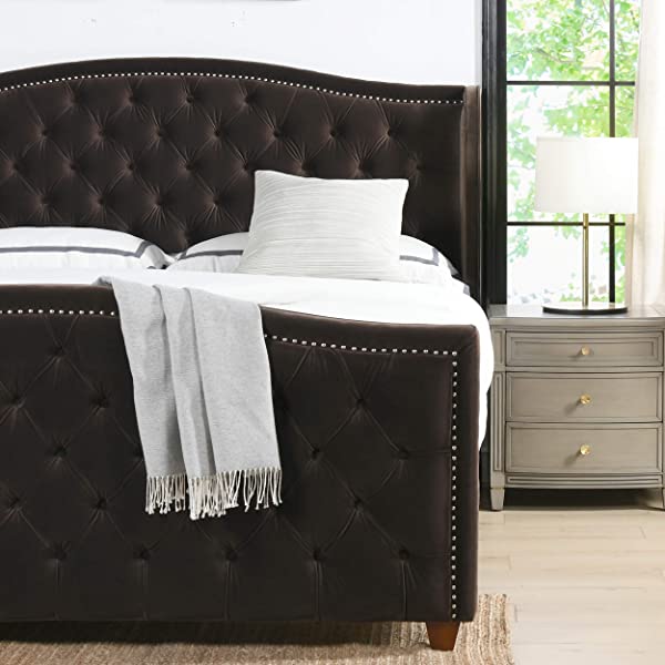 Jennifer Taylor Home Marcella Collection Queen Wingback Tufted Hand-Applied Nail Heads Upholstered Bed, Antique White Antique White Queen