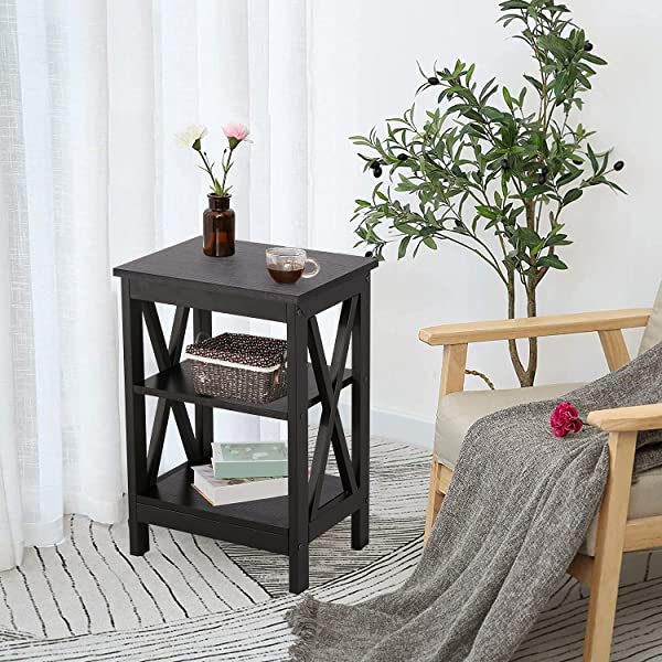 VECELO Modern Versatile Nightstands X-Design Side End Table Night Stand Storage Shelf with Bin Drawer for Living Room Bedroom, Brown+Black Brown+black Modern