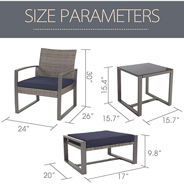 LOKATSE HOME 5-Piece Wicker Outdoor Conversation Set Patio Furniture PE Rattan All Weather Cushioned Chairs Balcony Porch with Ottoman and Glass Coffee Side Table, Blue