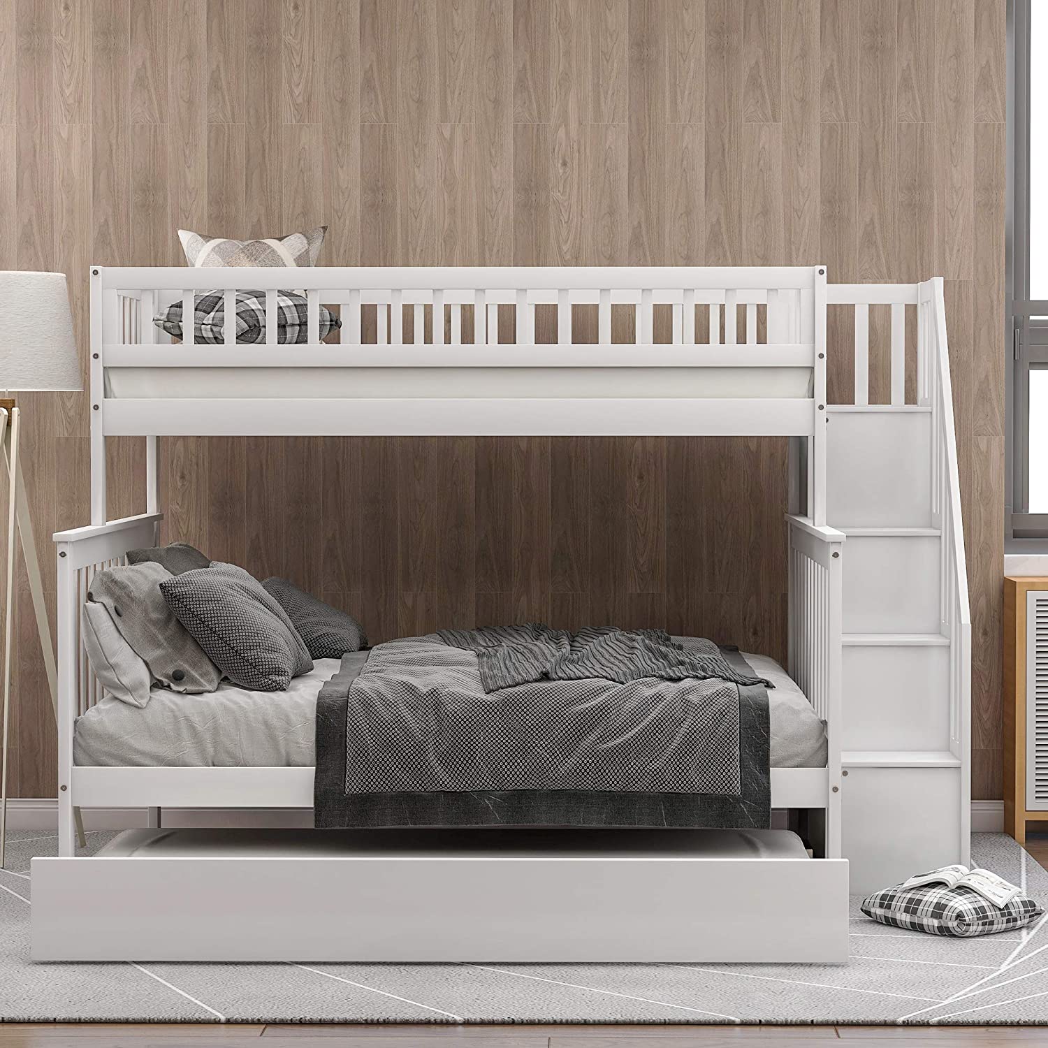 Double bunk bed with stairs, solid wood bunk bed with casters and storage drawers, bunk bed with stairs