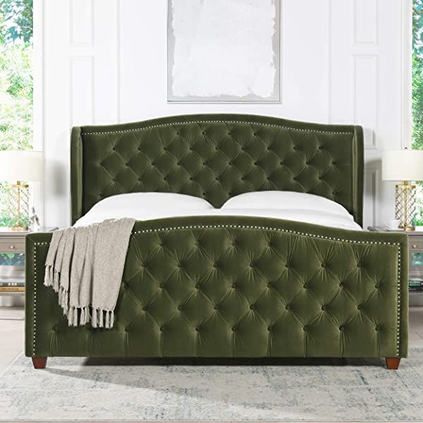 Jennifer Taylor Home Marcella Collection Queen Wingback Tufted Hand-Applied Nail Heads Upholstered Bed, Antique White Antique White Queen