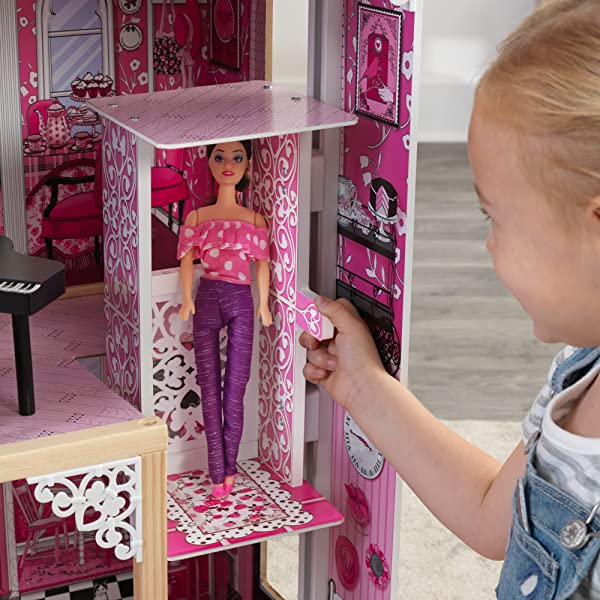 Wooden Dollhouse with Elevator, Balcony and 15-Piece Accessories, Pink, Gift for Ages 3+