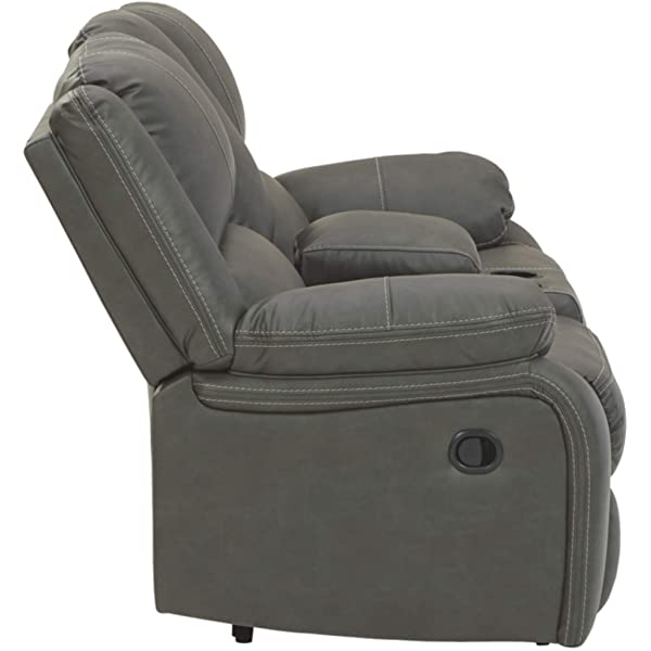 Signature Design by Ashley - Calderwell Contemporary Faux Leather Double Reclining Loveseat w/ Console - Adjustable - Gray Manual Loveseat Grey