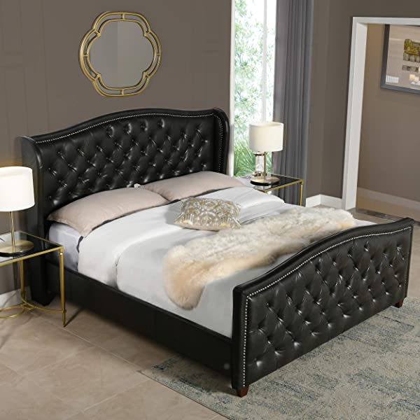 Jennifer Taylor Home Marcella Collection Queen Wingback Tufted Hand-Applied Nail Heads Upholstered Bed, Antique White Antique White Queen