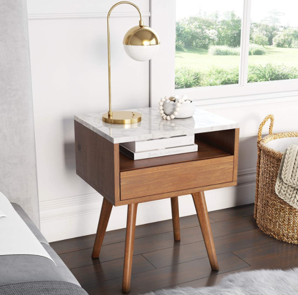 Nathan James James Mid-Century Rectangle Accent Side or End Table Walnut Finish Wood and Faux Marble Top with Storage Nightstand, Frame, White/Brown
