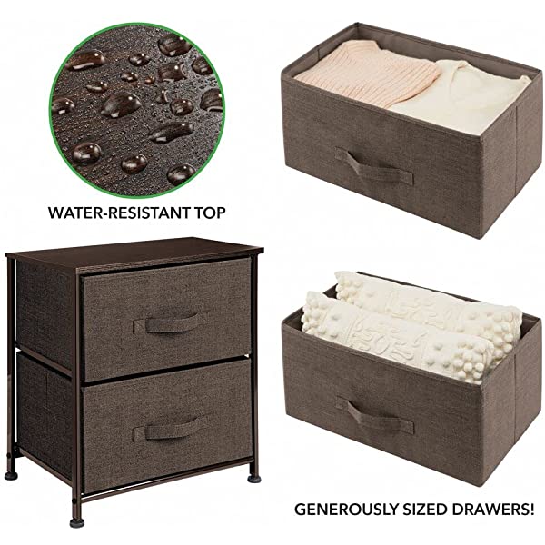 mDesign Storage Dresser End/Side Table Night Stand Furniture Unit - Small Standing Organizer for Bedroom, Office, Living Room, and Closet - 2 Drawer Removable Fabric Bins - Gray/White Grey
