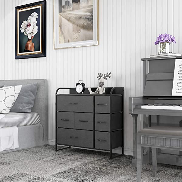 7 Drawer Dresser Organizer Fabric Storage Chest for Bedroom, Hallway, Entryway, Closets, Nurseries. Furniture Storage Tower Sturdy Steel Frame, Wood Top, Easy Pull Handle Textured Print Drawers