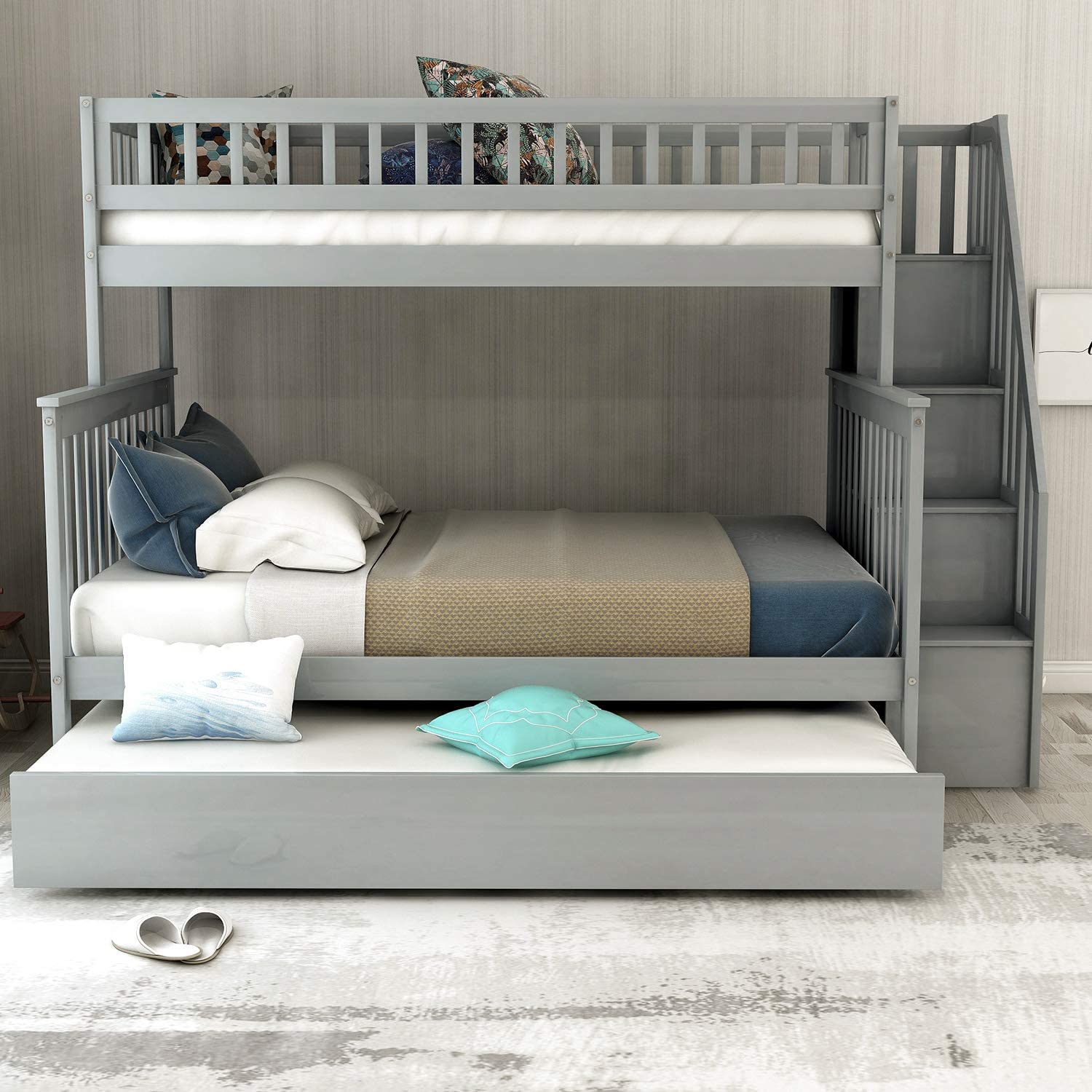 Double bunk bed with stairs, solid wood bunk bed with casters and storage drawers, bunk bed with stairs