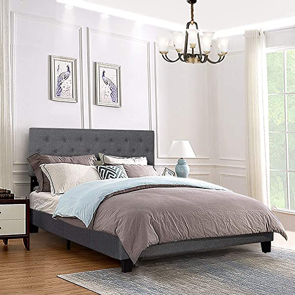 Giantex Shalini Upholstered Panel Platform Bed, Diamond Stitched Linen Panel Headboard, Metal Frame & 12 Strong Wooden Slat Support, Easy Assembly, Bed Mattress Foundation (Queen)