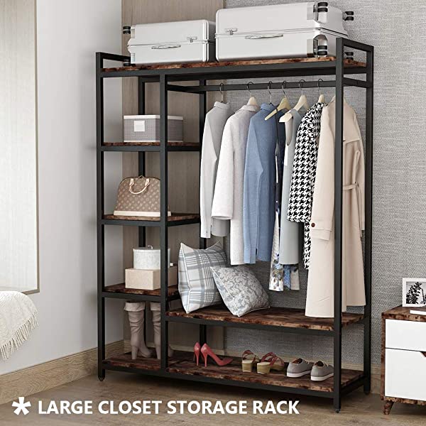 LITTLE TREE Free-Standing Closet Organizer, Heavy Duty Clothes Closet, Portable Garment Rack with 6 Shelves and Hanging Rod, Black Metal Frame&Rustic Board Finish Vingte &Black