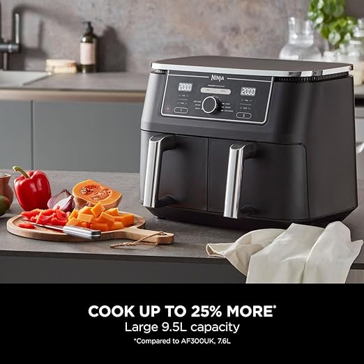 Ninja Foodi MAX Dual Zone Digital Air Fryer, 2 Drawers, 9.5L, 6-in-1, Uses No Oil, Air Fry, Max Crisp, Roast, Bake, Reheat, Dehydrate, Cook 8 Portions, Non-Stick Dishwasher Safe Baskets, Black AF400UK