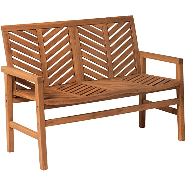 Walker Edison 5 Person Outdoor Wood Chevron Patio Furniture Dining Set Table Chairs Bench All Weather Backyard Conversation Garden Poolside Balcony, 4 Piece, Brown Brown 4 Piece Dining Set
