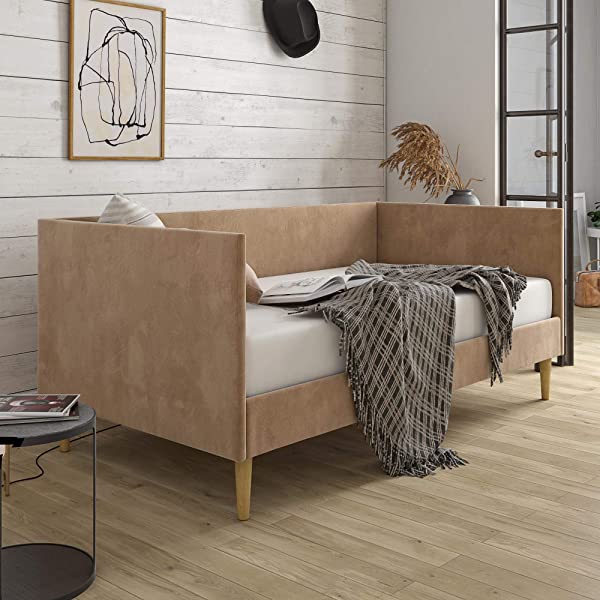 DHP Franklin Mid Century Upholstered Daybed, Sofa Bed, Twin Size Frame, Tan Linen Linen Twin Tan