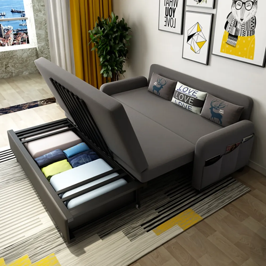 MODERN DEEP GRAY CONVERTIBLE SOFA BED FULL SLEEPER WITH STORAGE COTTON & LINEN UPHOLSTER