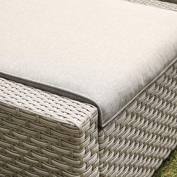 COSIEST 5-Piece Outdoor Furniture Lounge Set Warm Gray Wicker Sectional Sofa w Thick Cushions, Glass-Top Table, 2 Ottomans, 2 Teal Pattern Pillows for Garden, Pool, Backyard