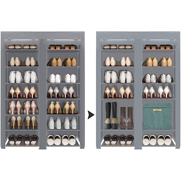ERONE Shoe Rack Storage Organizer , 28 Pairs Portable Double Row with Nonwoven Fabric Cover Shoe Rack Cabinet for Closet (Black)