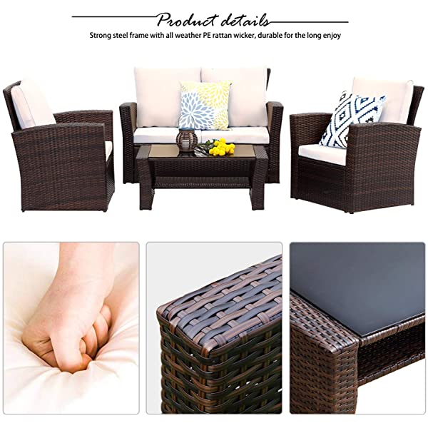 Wisteria Lane 4 Piece Outdoor Patio Furniture Sets, Wicker Conversation Set for Porch Deck, Gray Rattan Sofa Chair with Cushion Grey