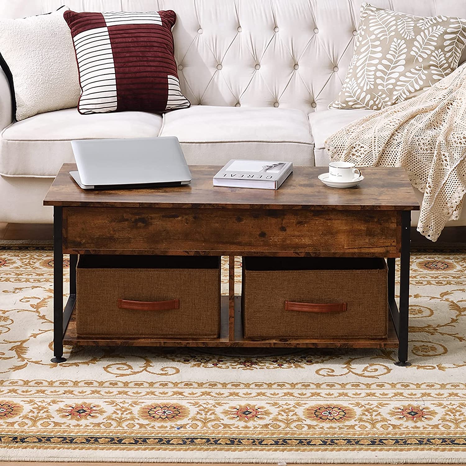 Lift Top Coffee Table, Coffee Table with 2 Storage Boxes & Hidden Compartment, Center Table for Living Room, with Storage Shelf and Metal Frame, Wooden Lift Tabletop, Modern Retro Central Table