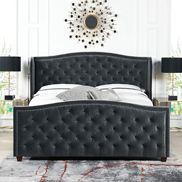 Jennifer Taylor Home Marcella Collection Queen Wingback Tufted Hand-Applied Nail Heads Upholstered Bed, Antique White Antique White Queen