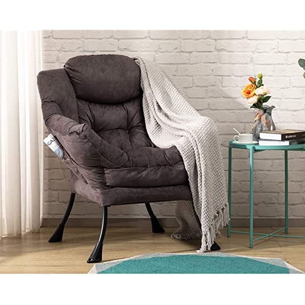 AbocoFur Modern Large Cotton Fabric Lazy Chair,Accent Contemporary Lounge Chair, Single Steel Frame Leisure Sofa Chair with Armrests and A Side Pocket, Beige