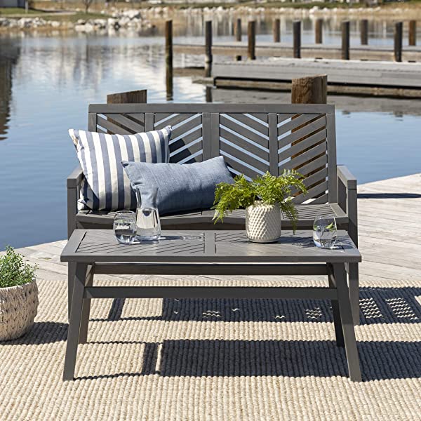Walker Edison 5 Person Outdoor Wood Chevron Patio Furniture Dining Set Table Chairs Bench All Weather Backyard Conversation Garden Poolside Balcony, 4 Piece, Brown Brown 4 Piece Dining Set