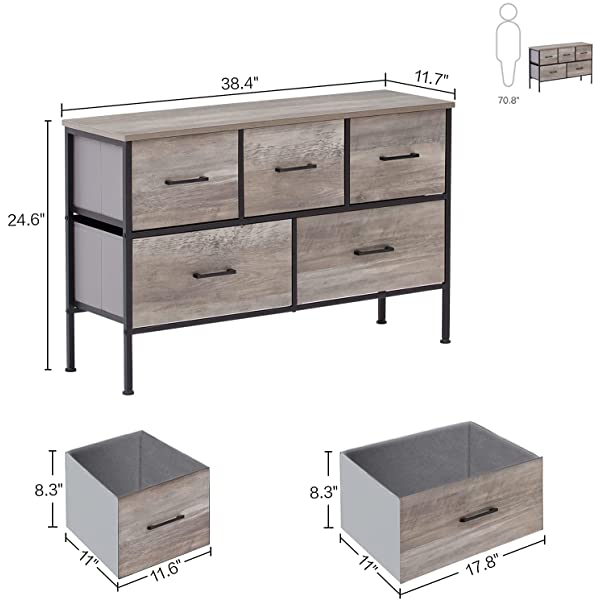 5 Drawer Dresser Long Wide Chest of Drawers Nightstand with Wood Top Rustic Storage Tower Storage Dresser Closet for Living Room, Bedroom, Hallway, Nursery, Kid Weathered Grey