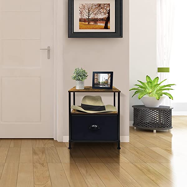 Sorbus Nightstand 1-Drawer Shelf Storage- Bedside Furniture & Accent End Table Chest for Home, Bedroom, Office, College Dorm, Steel Frame, Wood Top, Easy Pull Fabric Bins (Rustic Wood)